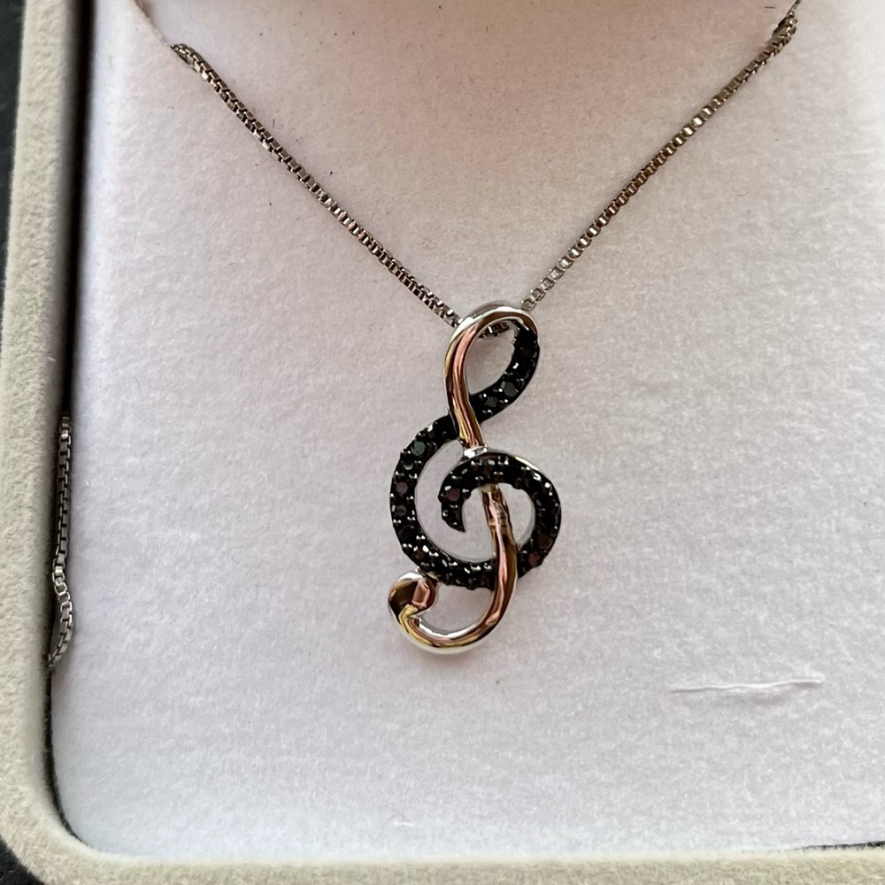 Sterling Silver Treble Clef Music Necklace with Black Diamond Stones